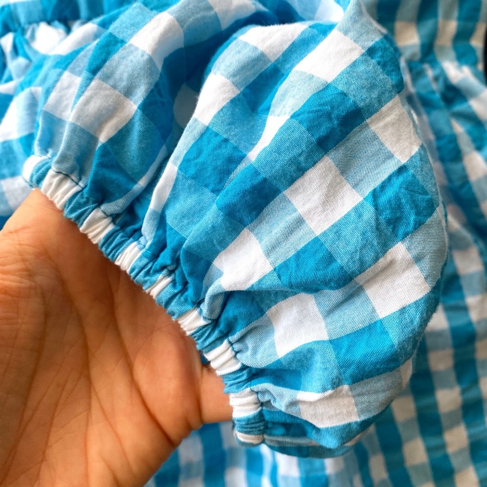 🐬 LILLY PULITZER SARAFINA TURQUOISE OASIS CRINKLE GINGHAM SHORT SLEEVE TOP! - Picture 9 of 15